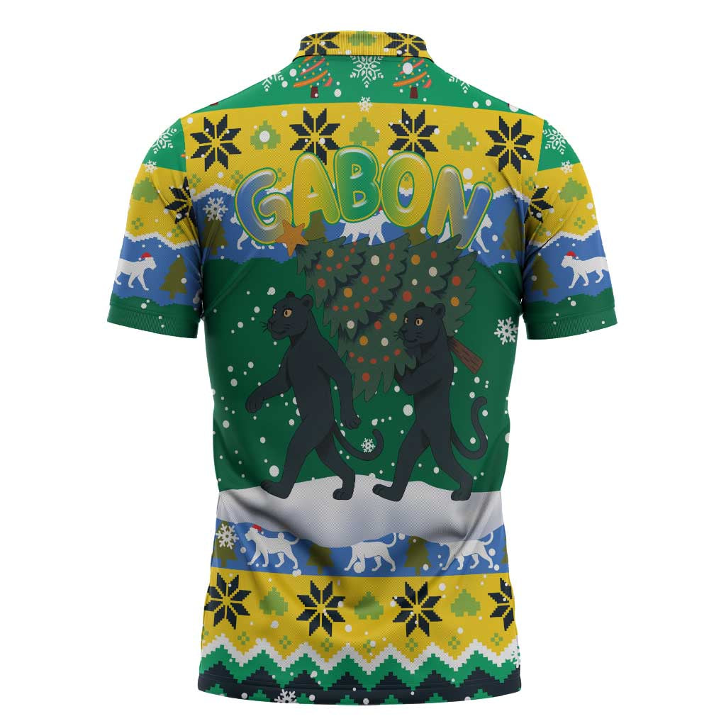 Gabon Christmas Zipper Polo Shirt with Black Panthers Carrying Tree and Green Yellow Snowflake Pattern - Wonder Print Shop