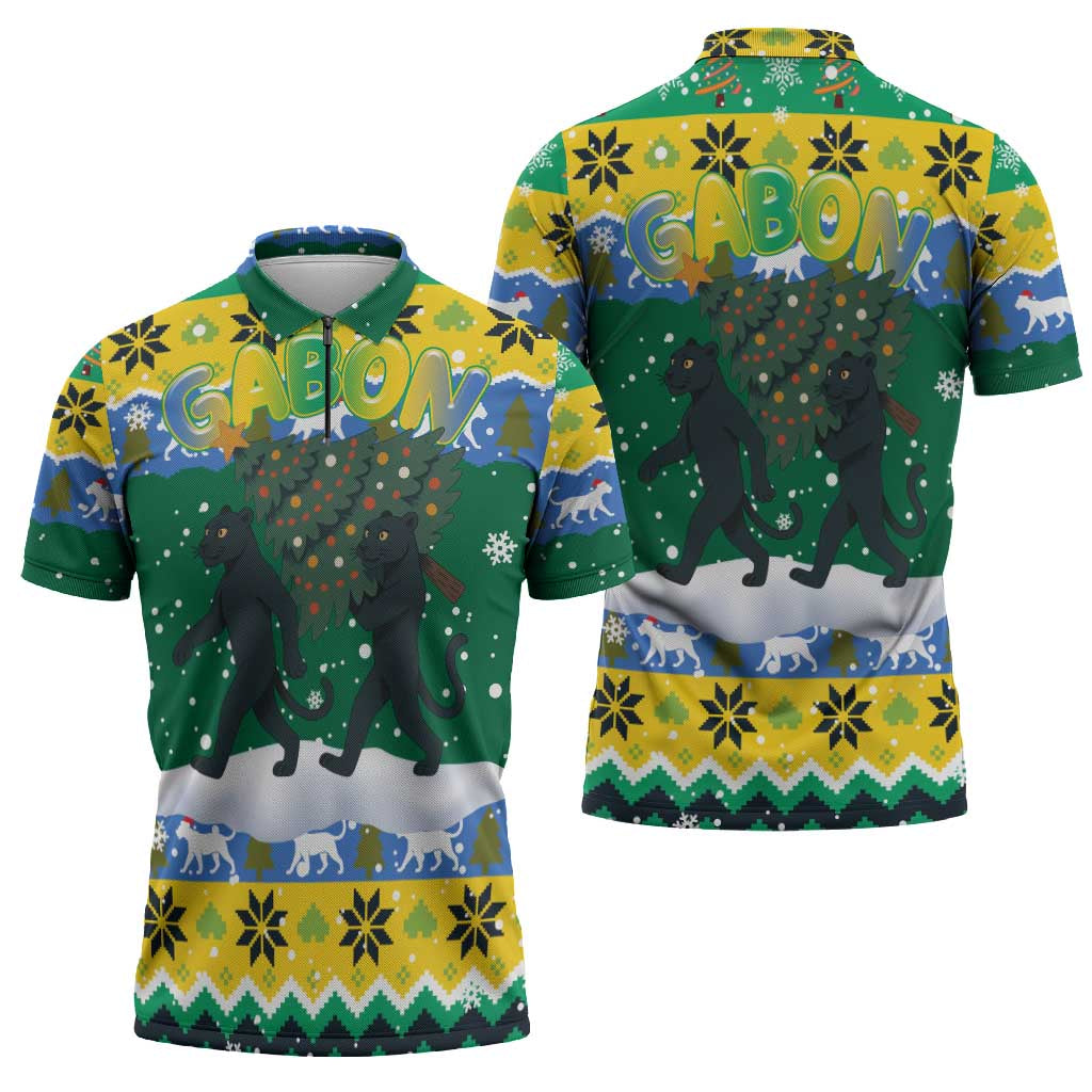 Gabon Christmas Zipper Polo Shirt with Black Panthers Carrying Tree and Green Yellow Snowflake Pattern - Wonder Print Shop