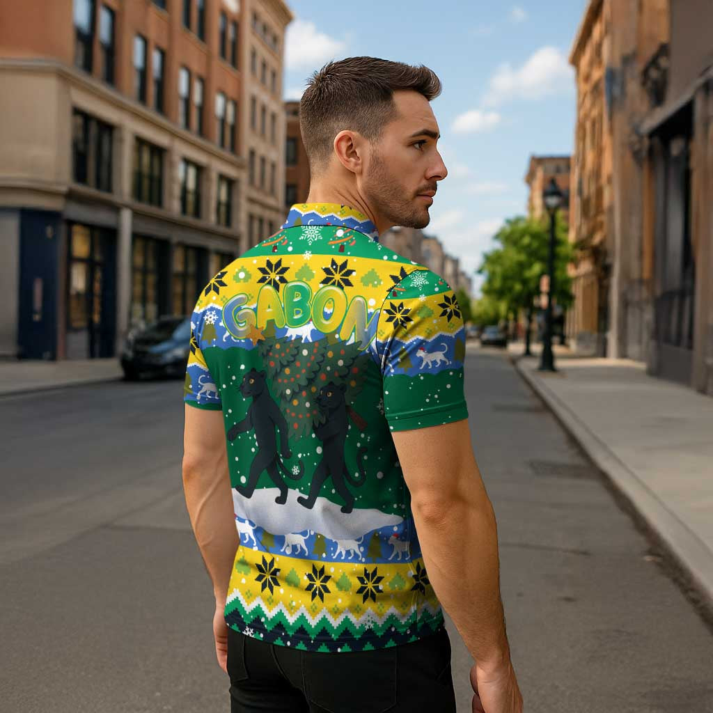 Gabon Christmas Zipper Polo Shirt with Black Panthers Carrying Tree and Green Yellow Snowflake Pattern - Wonder Print Shop