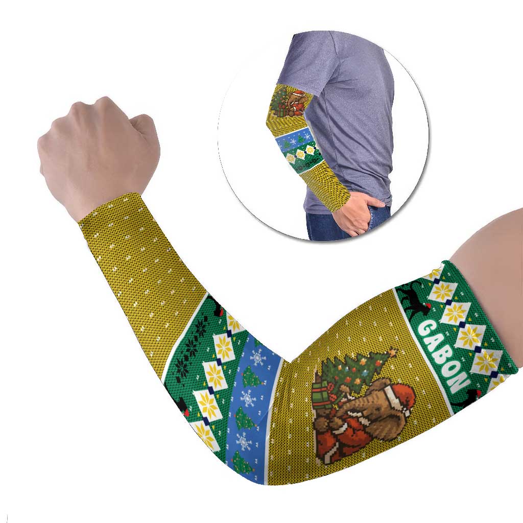 Gabon Christmas Arm Sleeves with Pixel Art Elephant Santa Christmas Tree and Flag Colors Pattern - Wonder Print Shop