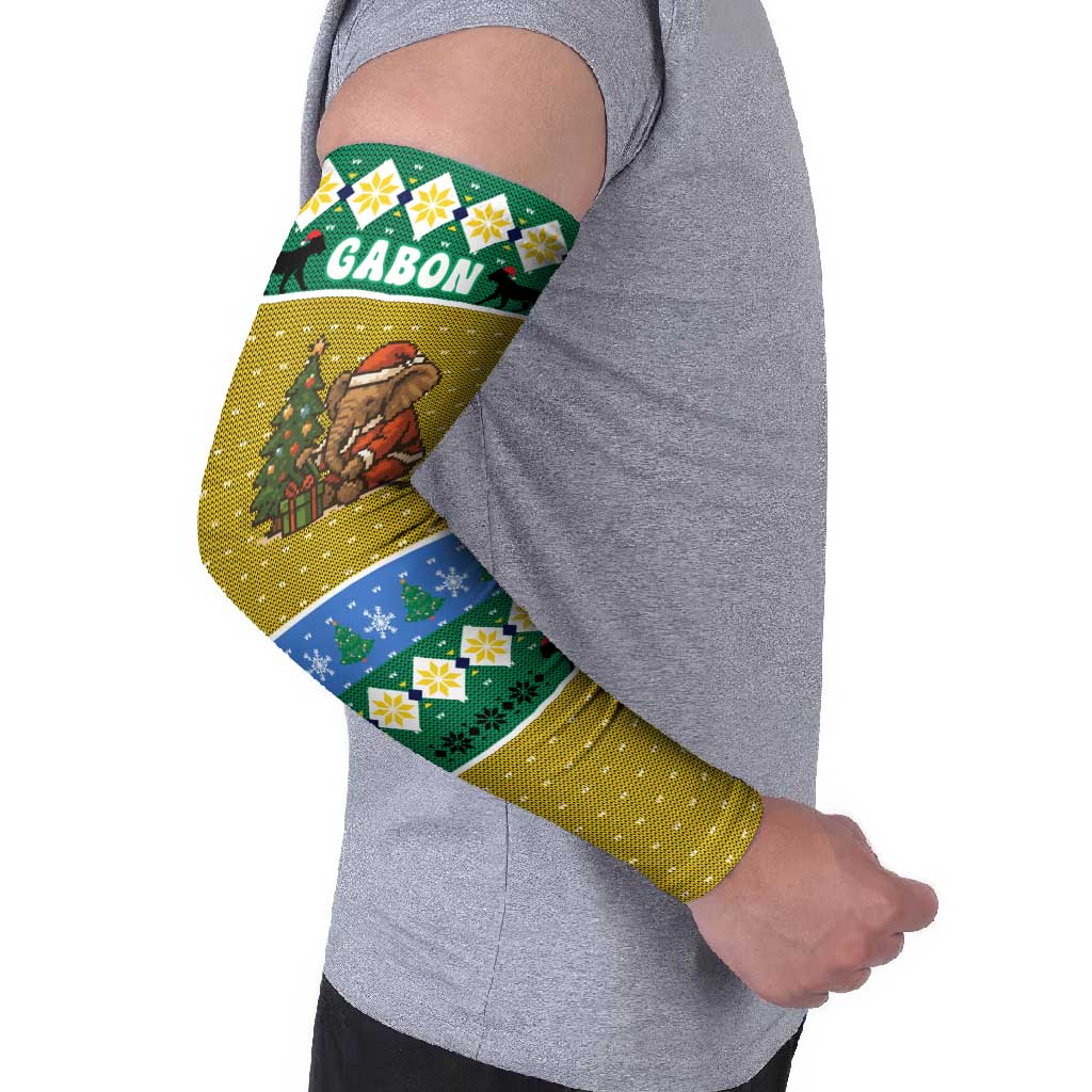 Gabon Christmas Arm Sleeves with Pixel Art Elephant Santa Christmas Tree and Flag Colors Pattern - Wonder Print Shop