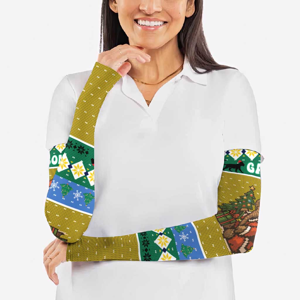 Gabon Christmas Arm Sleeves with Pixel Art Elephant Santa Christmas Tree and Flag Colors Pattern - Wonder Print Shop