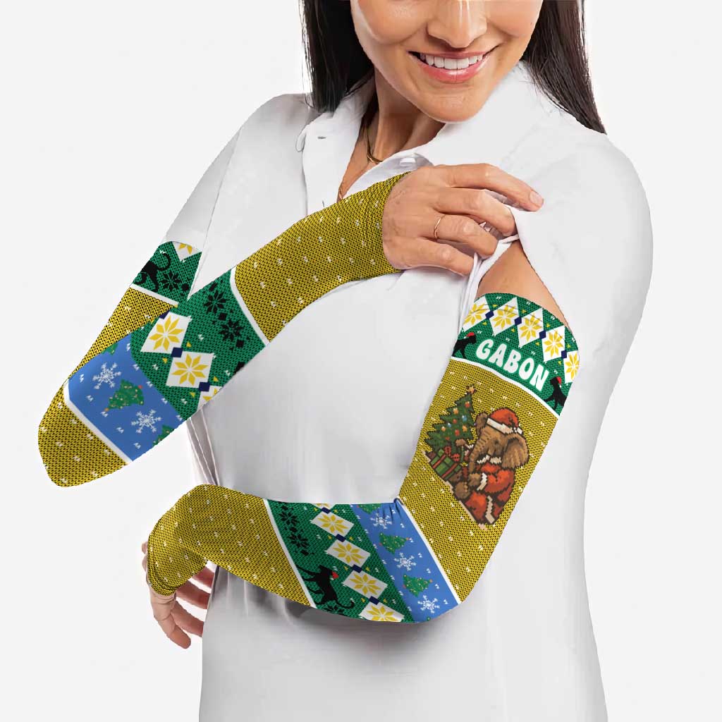 Gabon Christmas Arm Sleeves with Pixel Art Elephant Santa Christmas Tree and Flag Colors Pattern - Wonder Print Shop