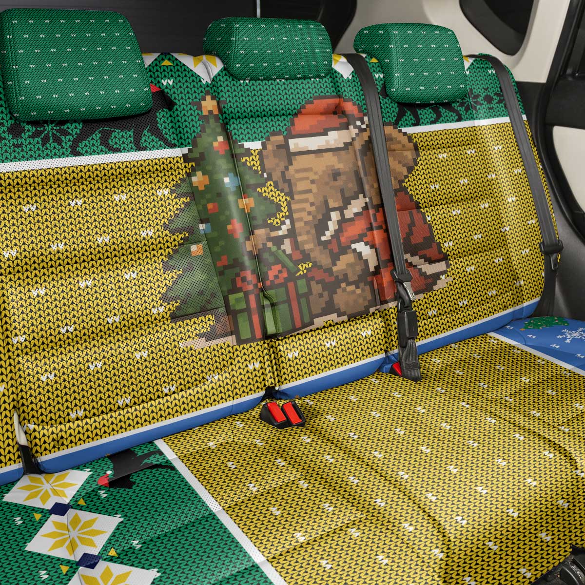 Gabon Christmas Back Car Seat Cover with Pixel Art Elephant Santa Christmas Tree and Flag Colors Pattern - Wonder Print Shop