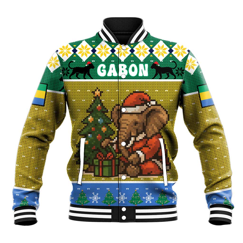 Gabon Christmas Baseball Jacket with Pixel Art Elephant Santa Christmas Tree and Flag Colors Pattern - Wonder Print Shop