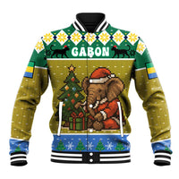 Gabon Christmas Baseball Jacket with Pixel Art Elephant Santa Christmas Tree and Flag Colors Pattern - Wonder Print Shop