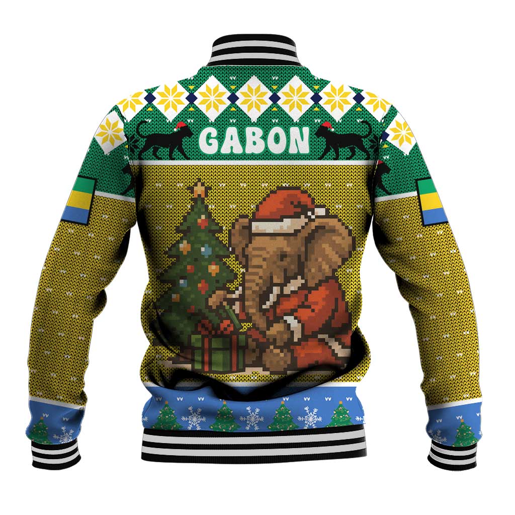Gabon Christmas Baseball Jacket with Pixel Art Elephant Santa Christmas Tree and Flag Colors Pattern - Wonder Print Shop