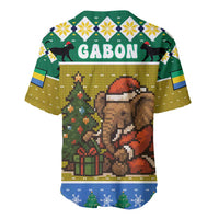 Gabon Christmas Baseball Jersey with Pixel Art Elephant Santa Christmas Tree and Flag Colors Pattern - Wonder Print Shop