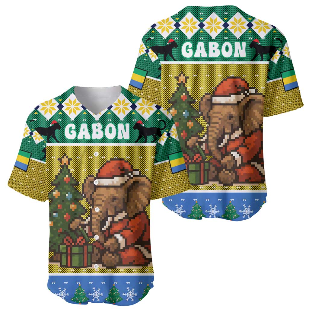Gabon Christmas Baseball Jersey with Pixel Art Elephant Santa Christmas Tree and Flag Colors Pattern - Wonder Print Shop