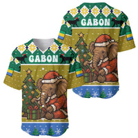 Gabon Christmas Baseball Jersey with Pixel Art Elephant Santa Christmas Tree and Flag Colors Pattern - Wonder Print Shop