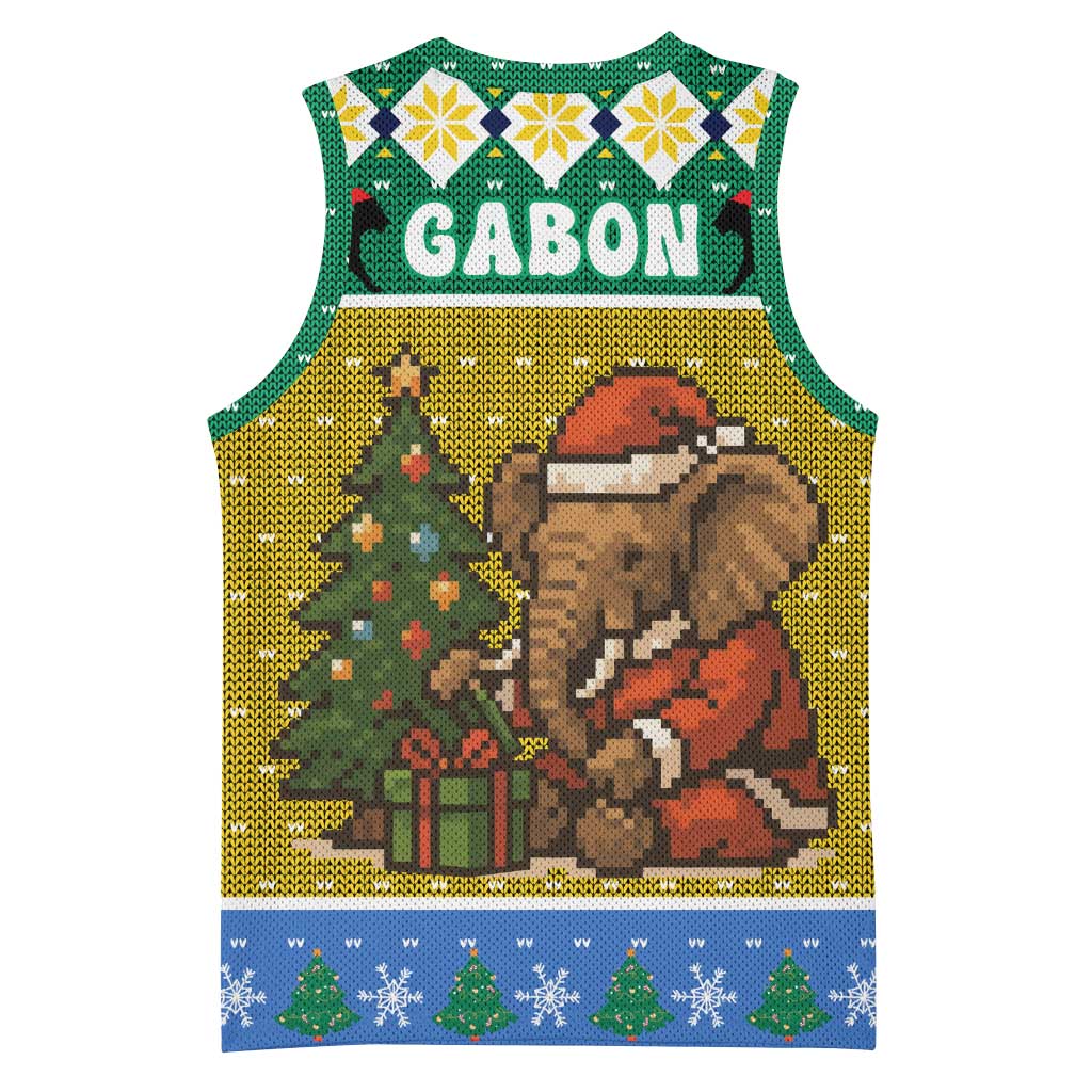 Gabon Christmas Basketball Jersey with Pixel Art Elephant Santa Christmas Tree and Flag Colors Pattern - Wonder Print Shop