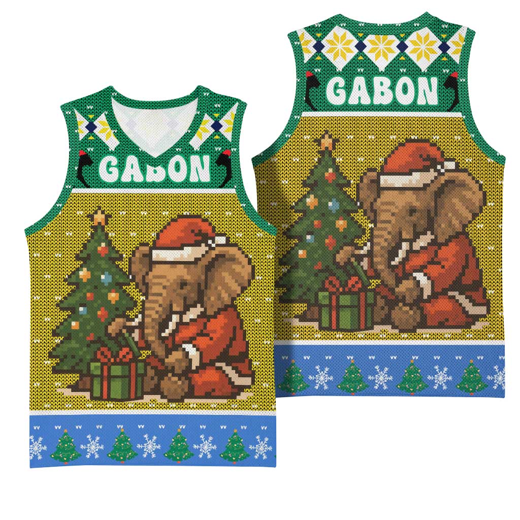 Gabon Christmas Basketball Jersey with Pixel Art Elephant Santa Christmas Tree and Flag Colors Pattern - Wonder Print Shop