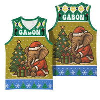 Gabon Christmas Basketball Jersey with Pixel Art Elephant Santa Christmas Tree and Flag Colors Pattern - Wonder Print Shop