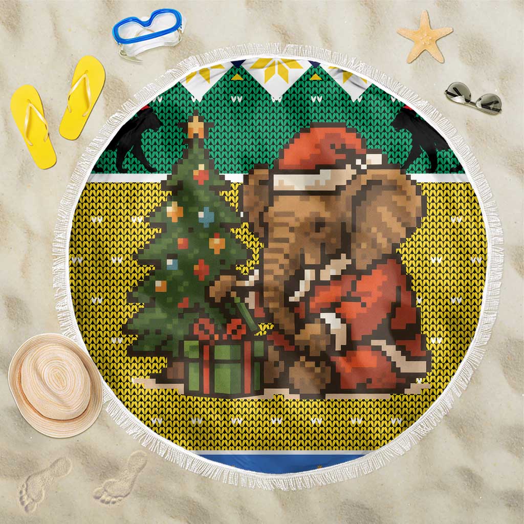 Gabon Christmas Beach Blanket with Pixel Art Elephant Santa Christmas Tree and Flag Colors Pattern - Wonder Print Shop