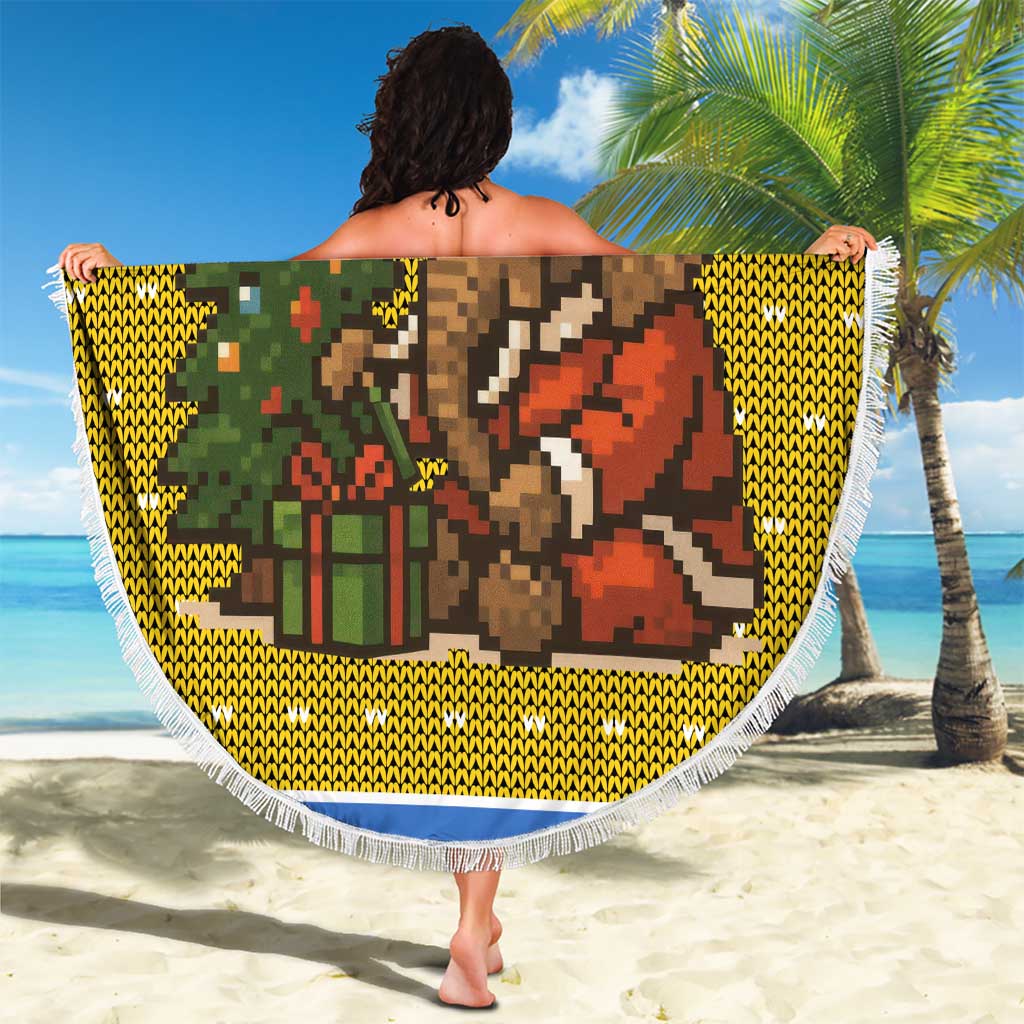 Gabon Christmas Beach Blanket with Pixel Art Elephant Santa Christmas Tree and Flag Colors Pattern - Wonder Print Shop