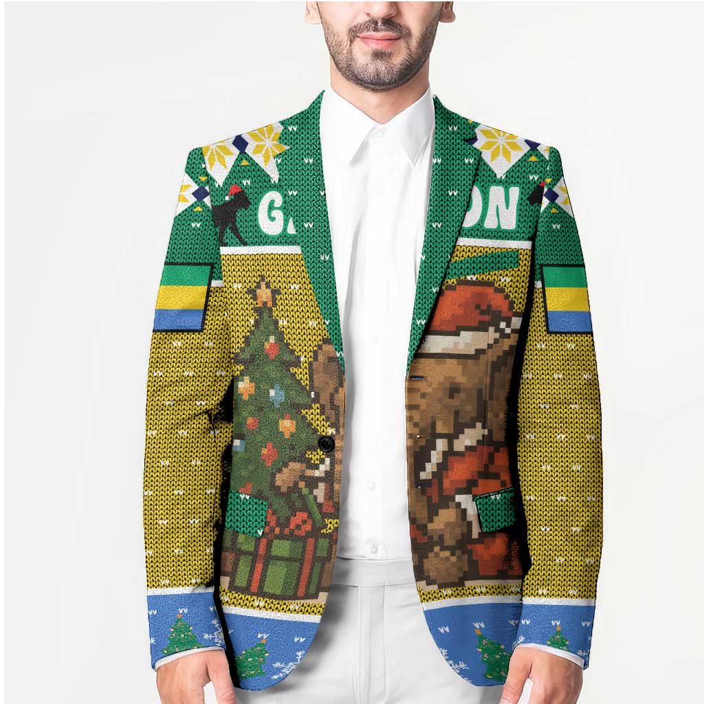 Gabon Christmas Blazer with Pixel Art Elephant Santa Christmas Tree and Flag Colors Pattern - Wonder Print Shop