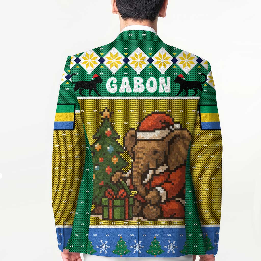 Gabon Christmas Blazer with Pixel Art Elephant Santa Christmas Tree and Flag Colors Pattern - Wonder Print Shop