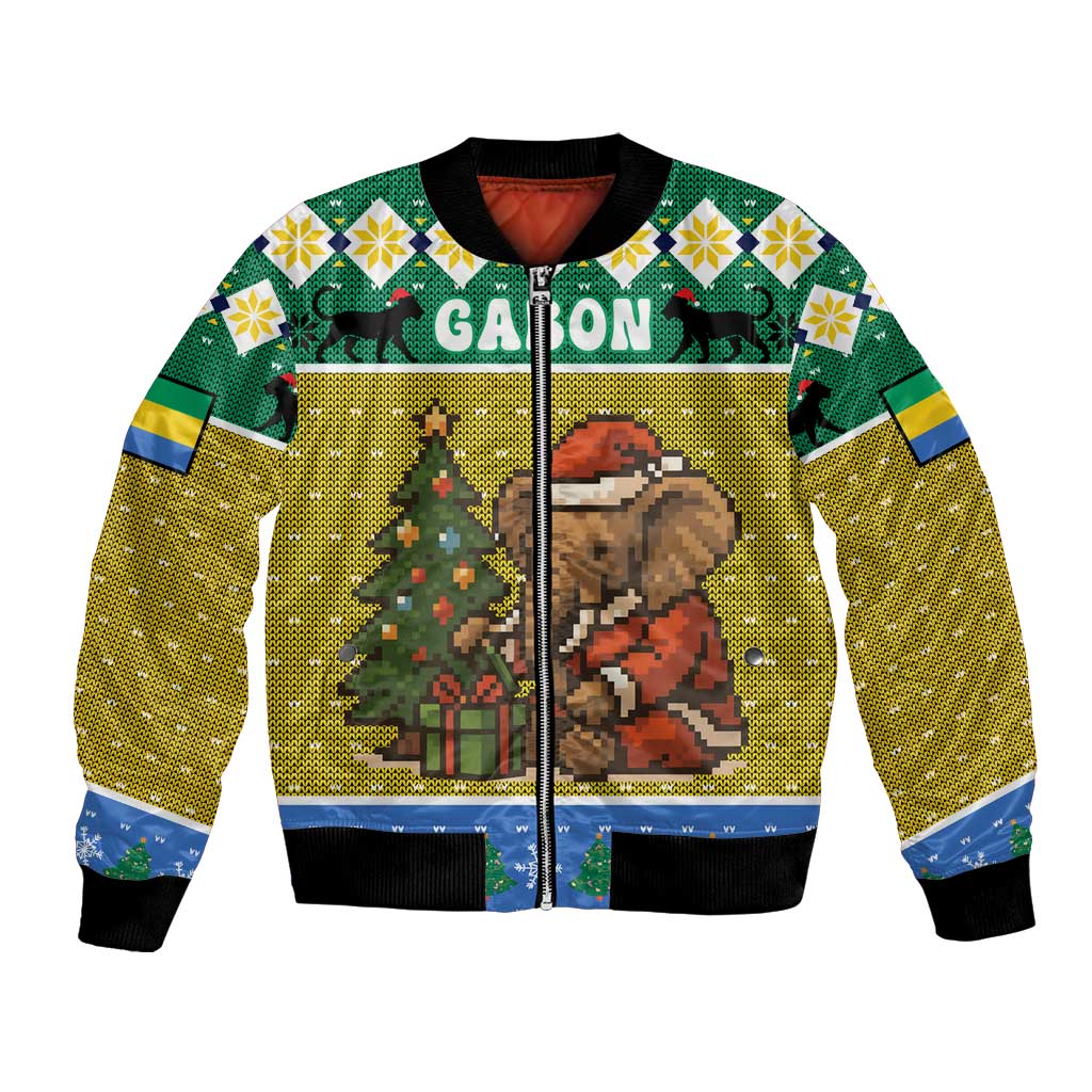 Gabon Christmas Bomber Jacket with Pixel Art Elephant Santa Christmas Tree and Flag Colors Pattern - Wonder Print Shop
