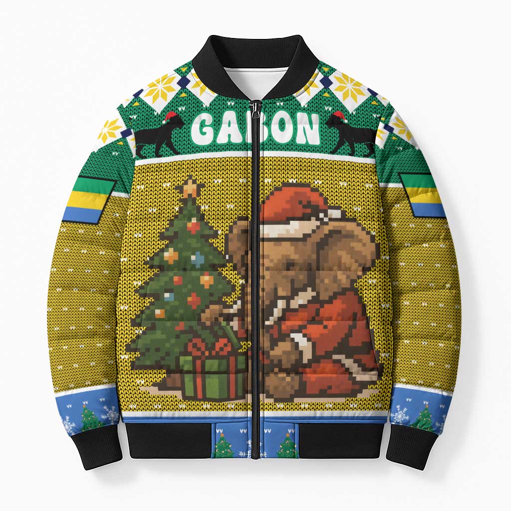 Gabon Christmas Bomber Puffer Jacket with Pixel Art Elephant Santa Christmas Tree and Flag Colors Pattern - Wonder Print Shop