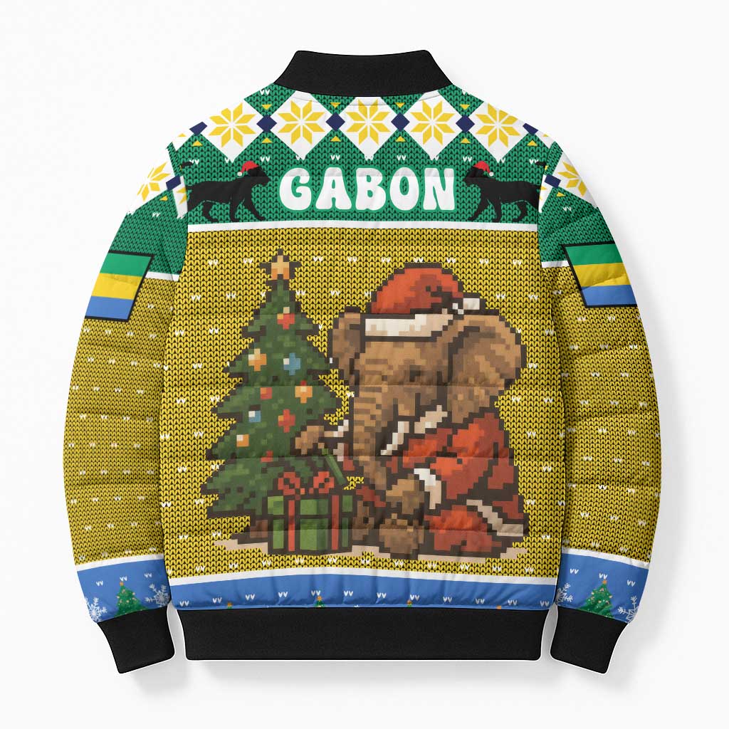 Gabon Christmas Bomber Puffer Jacket with Pixel Art Elephant Santa Christmas Tree and Flag Colors Pattern - Wonder Print Shop