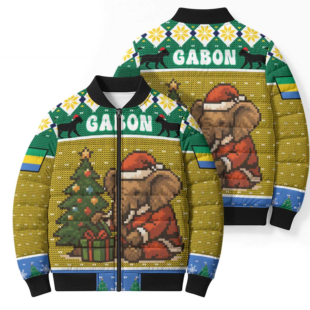 Gabon Christmas Bomber Puffer Jacket with Pixel Art Elephant Santa Christmas Tree and Flag Colors Pattern - Wonder Print Shop