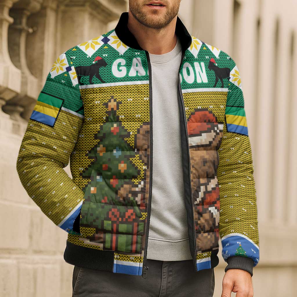 Gabon Christmas Bomber Puffer Jacket with Pixel Art Elephant Santa Christmas Tree and Flag Colors Pattern - Wonder Print Shop
