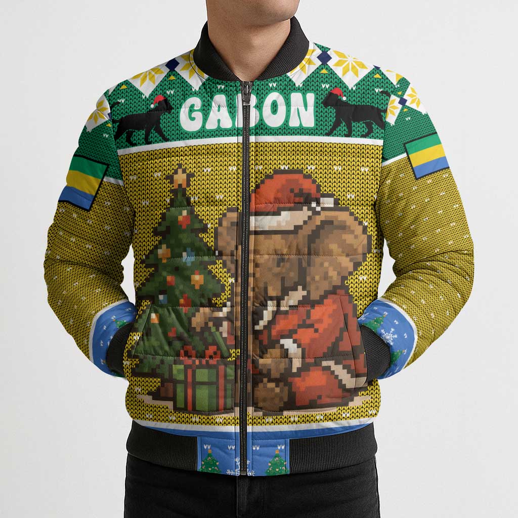 Gabon Christmas Bomber Puffer Jacket with Pixel Art Elephant Santa Christmas Tree and Flag Colors Pattern - Wonder Print Shop