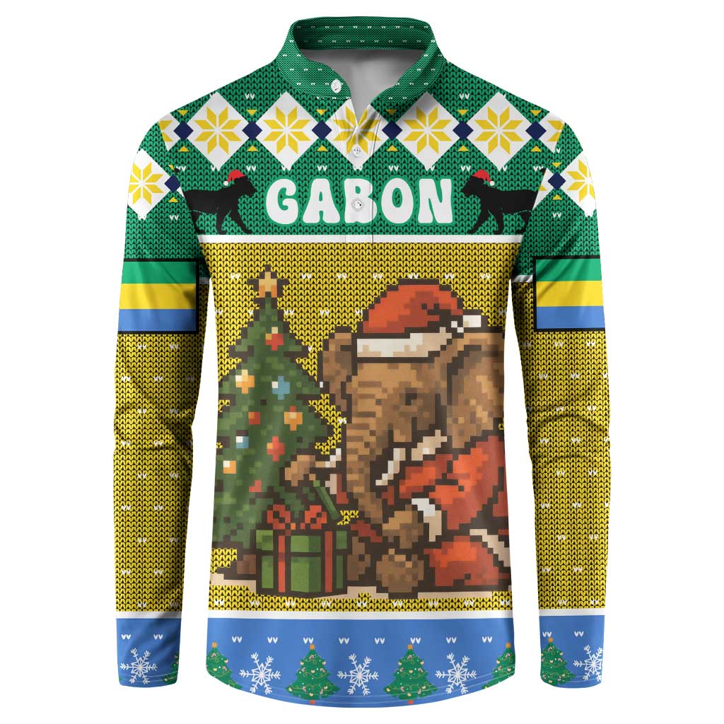 Gabon Christmas Button Sweatshirt with Pixel Art Elephant Santa Christmas Tree and Flag Colors Pattern - Wonder Print Shop