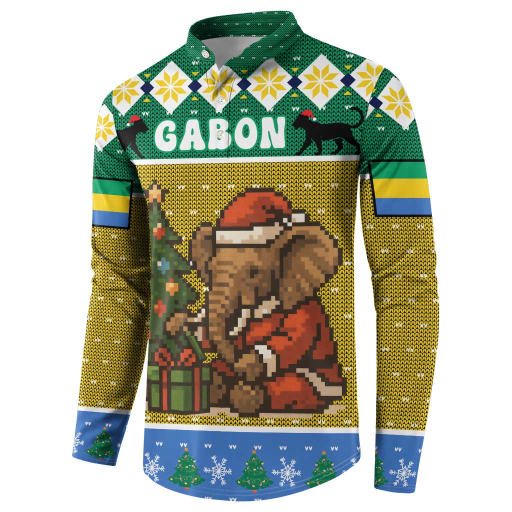 Gabon Christmas Button Sweatshirt with Pixel Art Elephant Santa Christmas Tree and Flag Colors Pattern - Wonder Print Shop