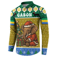Gabon Christmas Button Sweatshirt with Pixel Art Elephant Santa Christmas Tree and Flag Colors Pattern - Wonder Print Shop