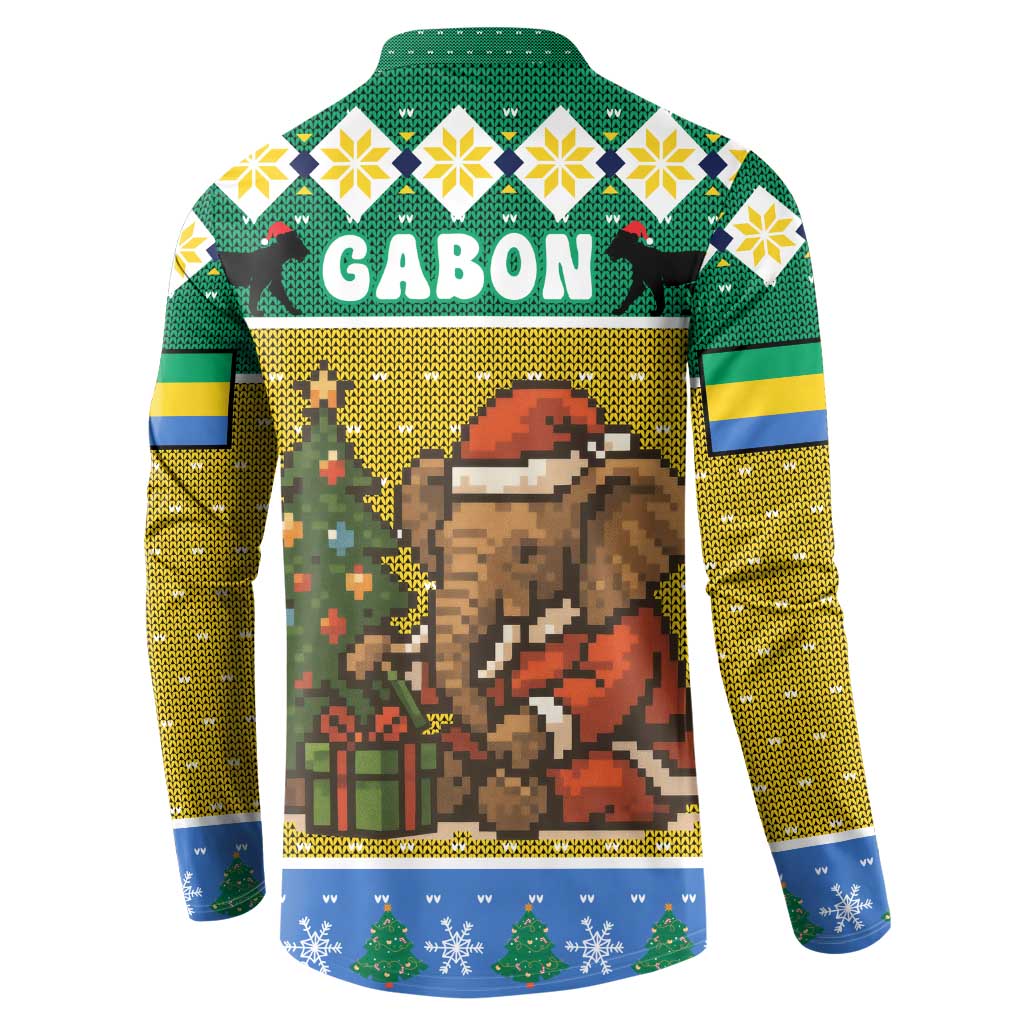 Gabon Christmas Button Sweatshirt with Pixel Art Elephant Santa Christmas Tree and Flag Colors Pattern - Wonder Print Shop