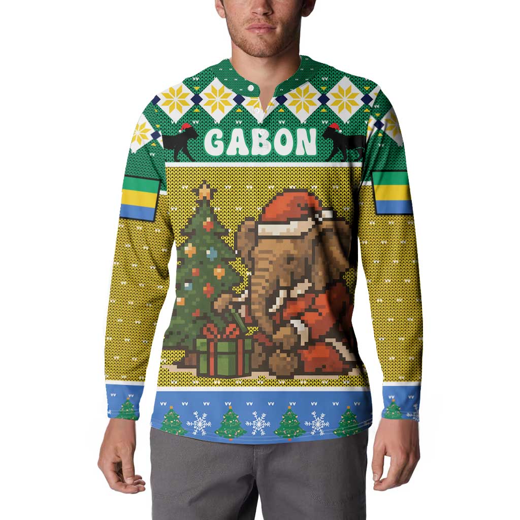 Gabon Christmas Button Sweatshirt with Pixel Art Elephant Santa Christmas Tree and Flag Colors Pattern - Wonder Print Shop