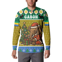 Gabon Christmas Button Sweatshirt with Pixel Art Elephant Santa Christmas Tree and Flag Colors Pattern - Wonder Print Shop