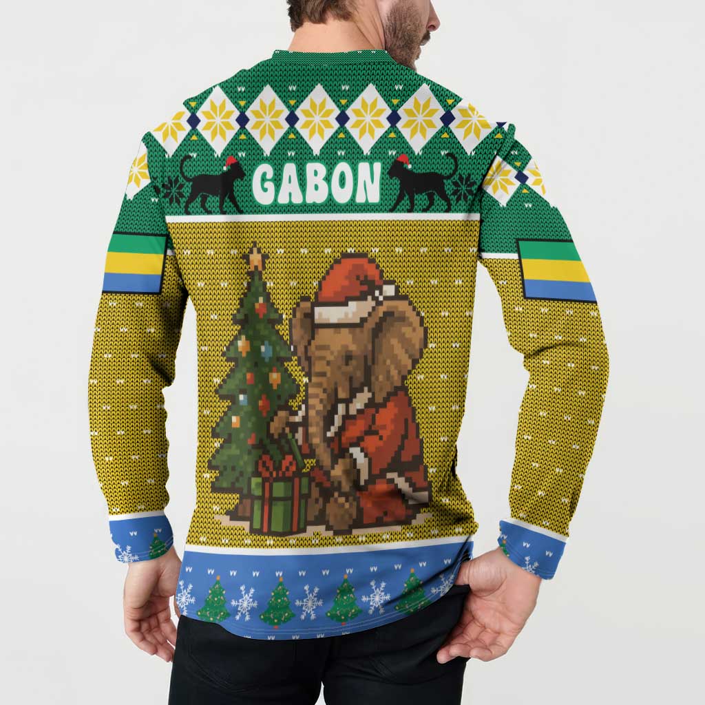 Gabon Christmas Button Sweatshirt with Pixel Art Elephant Santa Christmas Tree and Flag Colors Pattern - Wonder Print Shop