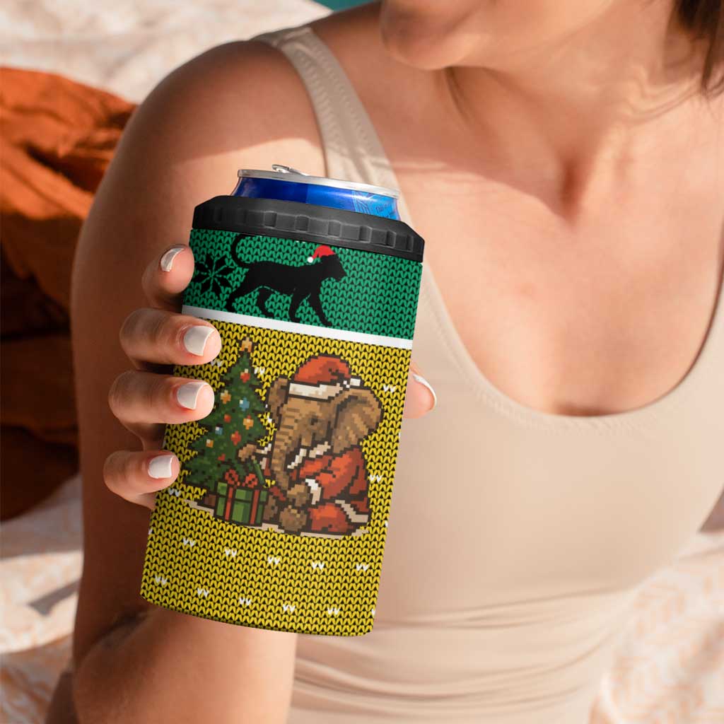 Gabon Christmas 4 in 1 Can Cooler Tumbler with Pixel Art Elephant Santa Christmas Tree and Flag Colors Pattern - Wonder Print Shop