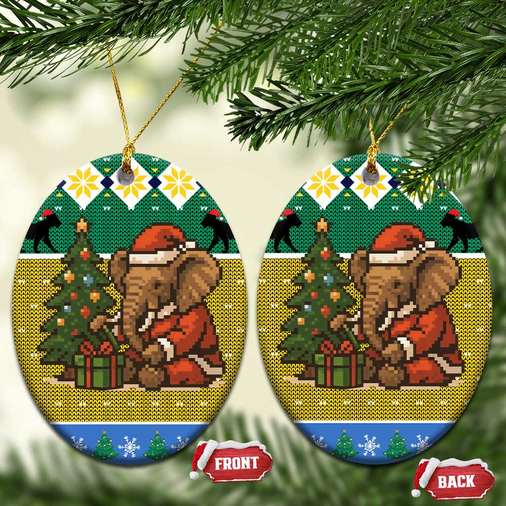 Gabon Christmas Ceramic Ornament with Pixel Art Elephant Santa Christmas Tree and Flag Colors Pattern - Wonder Print Shop