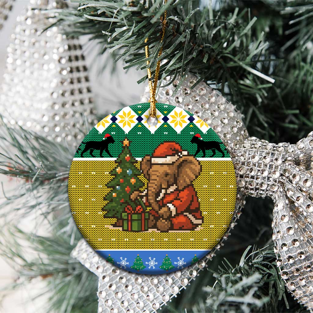 Gabon Christmas Ceramic Ornament with Pixel Art Elephant Santa Christmas Tree and Flag Colors Pattern - Wonder Print Shop