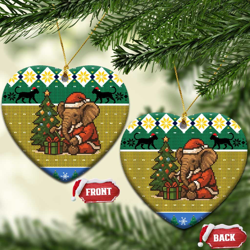 Gabon Christmas Ceramic Ornament with Pixel Art Elephant Santa Christmas Tree and Flag Colors Pattern - Wonder Print Shop