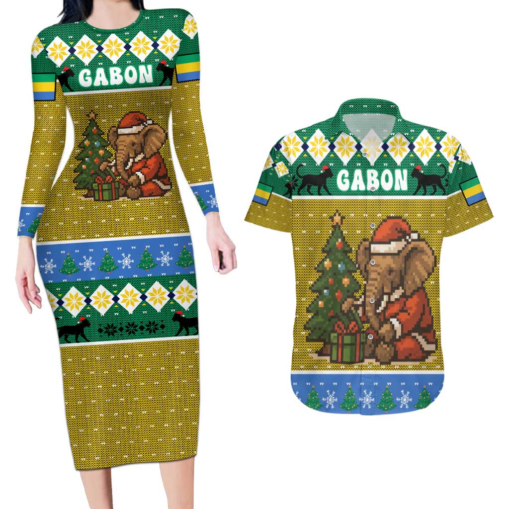 Gabon Christmas Couples Matching Long Sleeve Bodycon Dress and Hawaiian Shirt with Pixel Art Elephant Santa Christmas Tree and Flag Colors Pattern - Wonder Print Shop