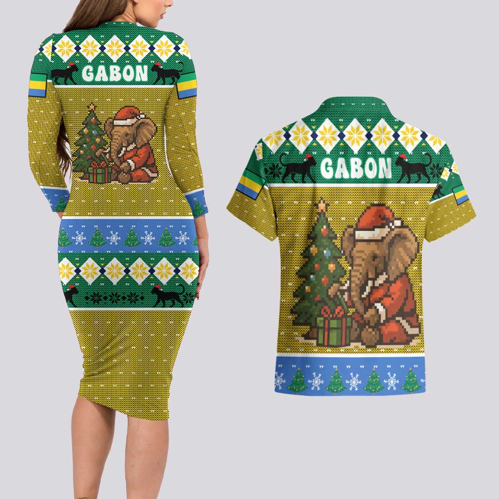 Gabon Christmas Couples Matching Long Sleeve Bodycon Dress and Hawaiian Shirt with Pixel Art Elephant Santa Christmas Tree and Flag Colors Pattern - Wonder Print Shop