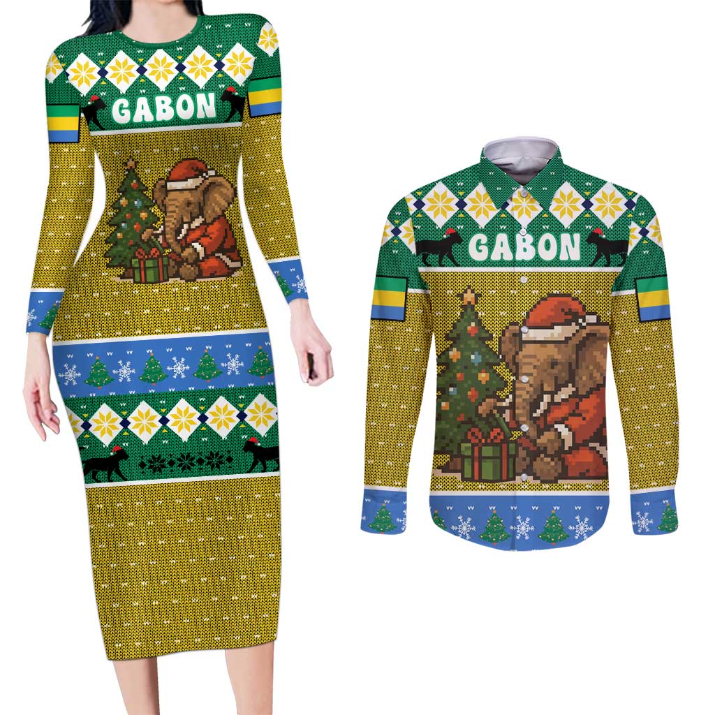 Gabon Christmas Couples Matching Long Sleeve Bodycon Dress and Long Sleeve Button Shirt with Pixel Art Elephant Santa Christmas Tree and Flag Colors Pattern - Wonder Print Shop