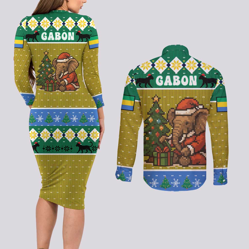 Gabon Christmas Couples Matching Long Sleeve Bodycon Dress and Long Sleeve Button Shirt with Pixel Art Elephant Santa Christmas Tree and Flag Colors Pattern - Wonder Print Shop