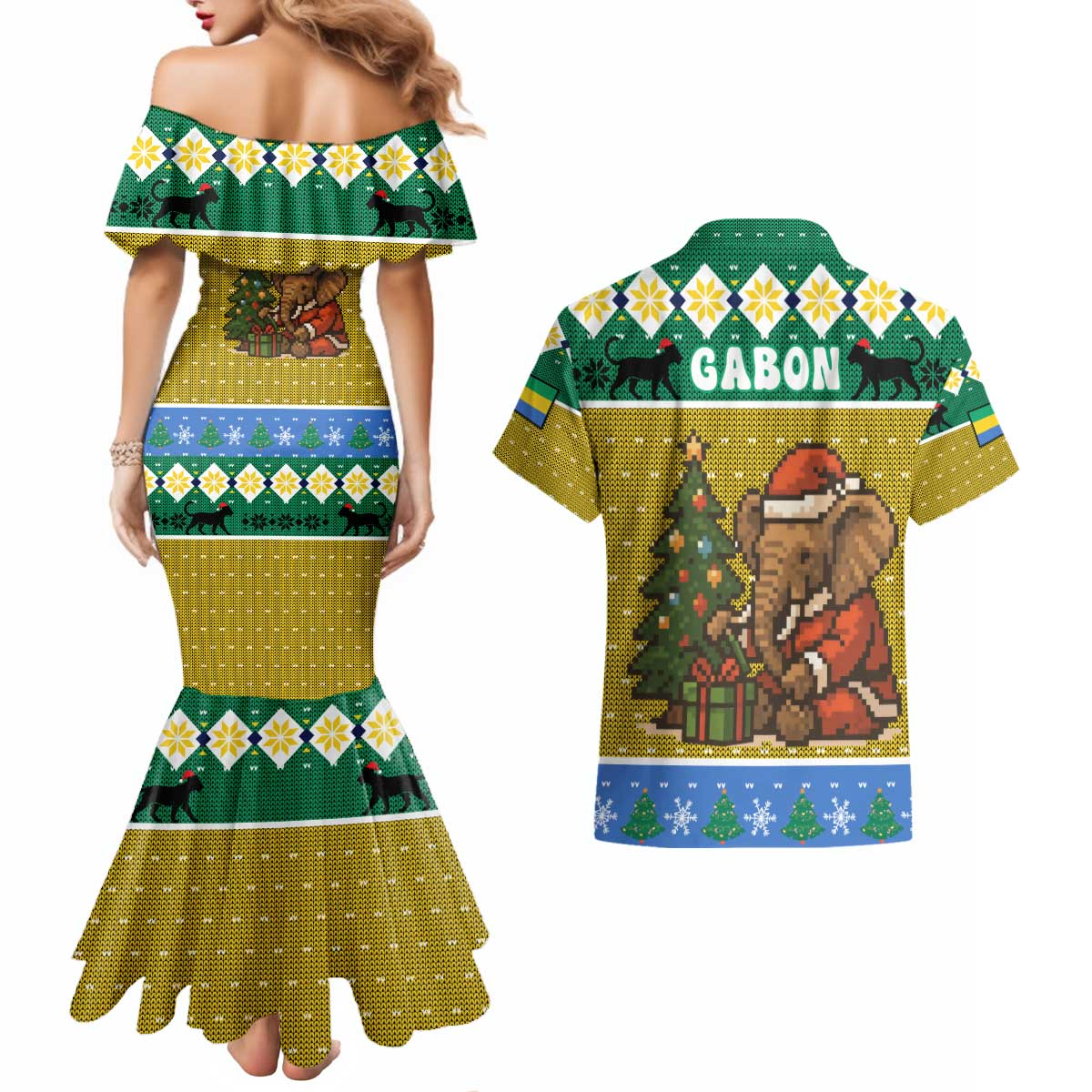 Gabon Christmas Couples Matching Mermaid Dress and Hawaiian Shirt with Pixel Art Elephant Santa Christmas Tree and Flag Colors Pattern - Wonder Print Shop