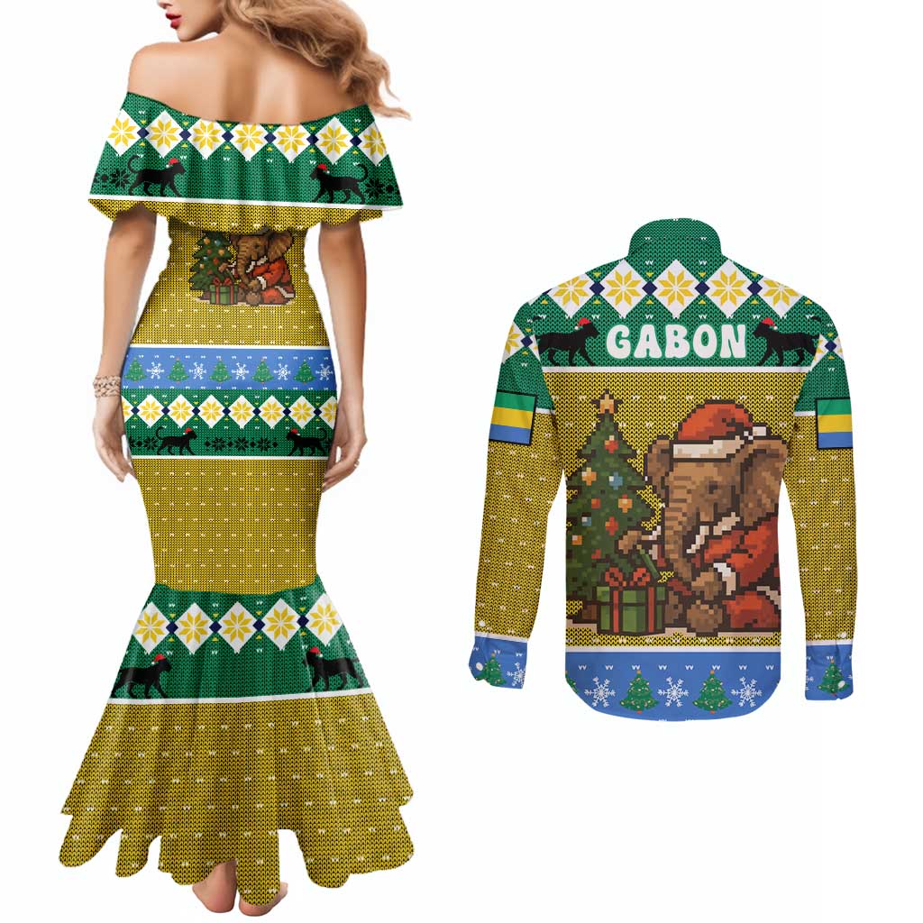 Gabon Christmas Couples Matching Mermaid Dress and Long Sleeve Button Shirt with Pixel Art Elephant Santa Christmas Tree and Flag Colors Pattern - Wonder Print Shop