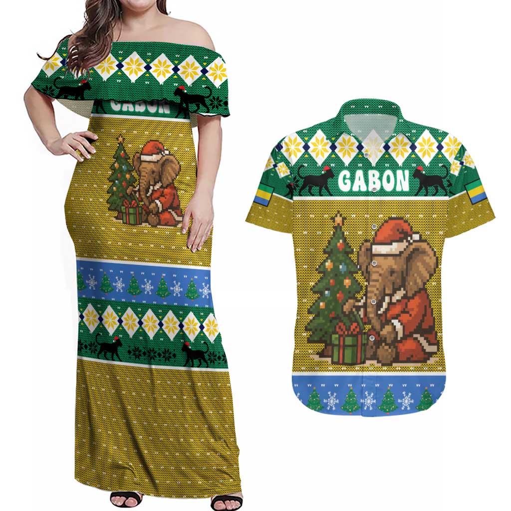 Gabon Christmas Couples Matching Off Shoulder Maxi Dress and Hawaiian Shirt with Pixel Art Elephant Santa Christmas Tree and Flag Colors Pattern - Wonder Print Shop
