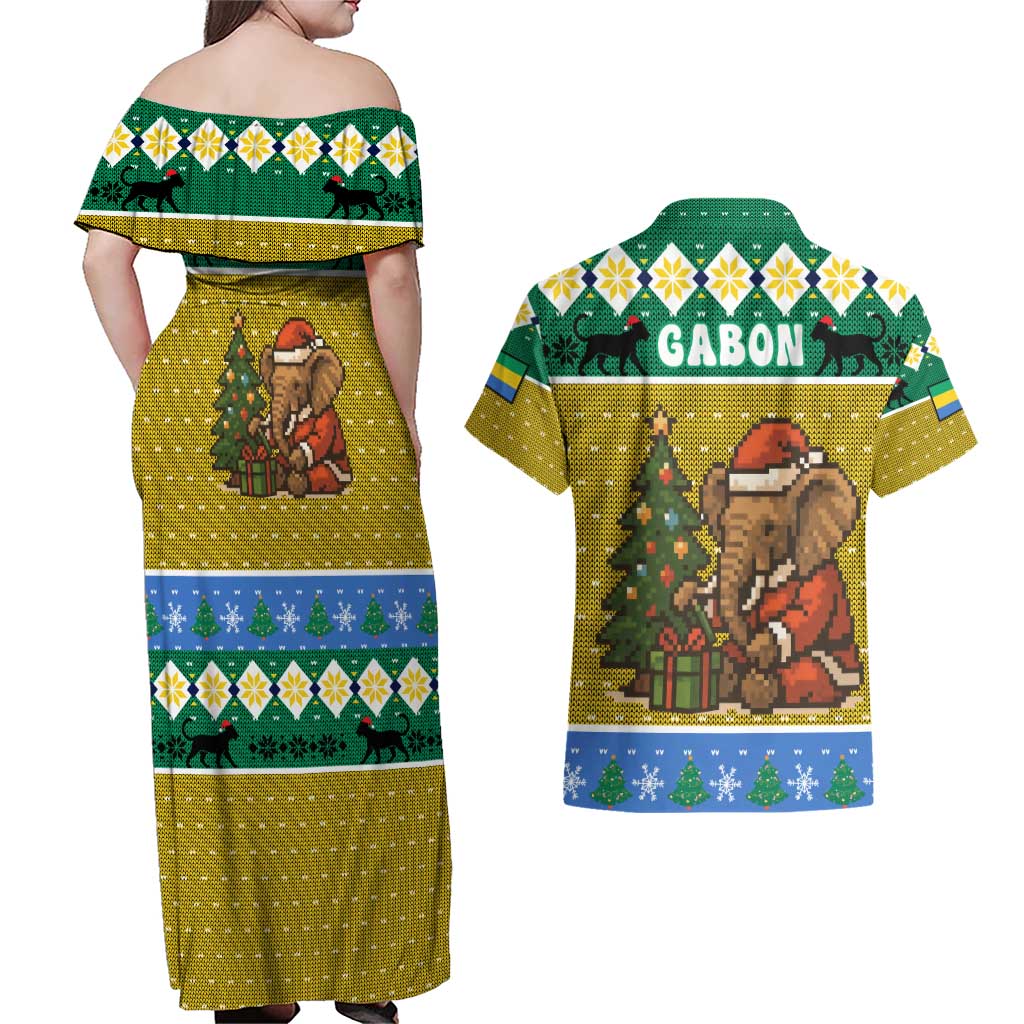 Gabon Christmas Couples Matching Off Shoulder Maxi Dress and Hawaiian Shirt with Pixel Art Elephant Santa Christmas Tree and Flag Colors Pattern - Wonder Print Shop