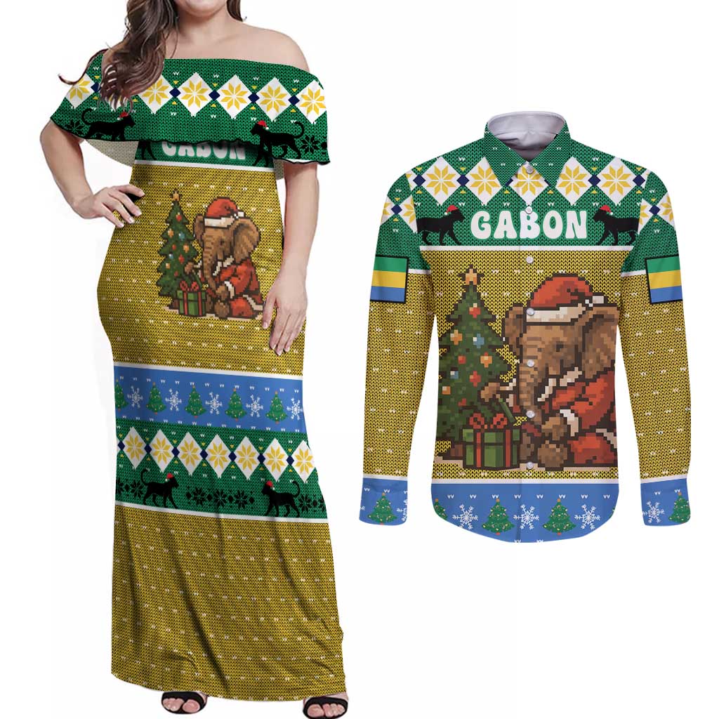 Gabon Christmas Couples Matching Off Shoulder Maxi Dress and Long Sleeve Button Shirt with Pixel Art Elephant Santa Christmas Tree and Flag Colors Pattern - Wonder Print Shop