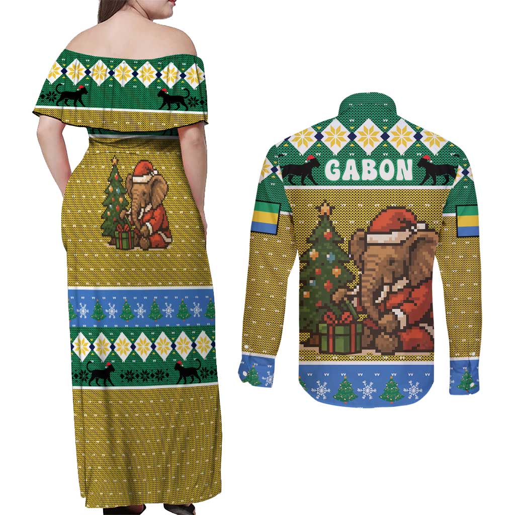 Gabon Christmas Couples Matching Off Shoulder Maxi Dress and Long Sleeve Button Shirt with Pixel Art Elephant Santa Christmas Tree and Flag Colors Pattern - Wonder Print Shop