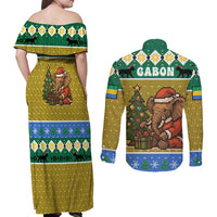 Gabon Christmas Couples Matching Off Shoulder Maxi Dress and Long Sleeve Button Shirt with Pixel Art Elephant Santa Christmas Tree and Flag Colors Pattern - Wonder Print Shop