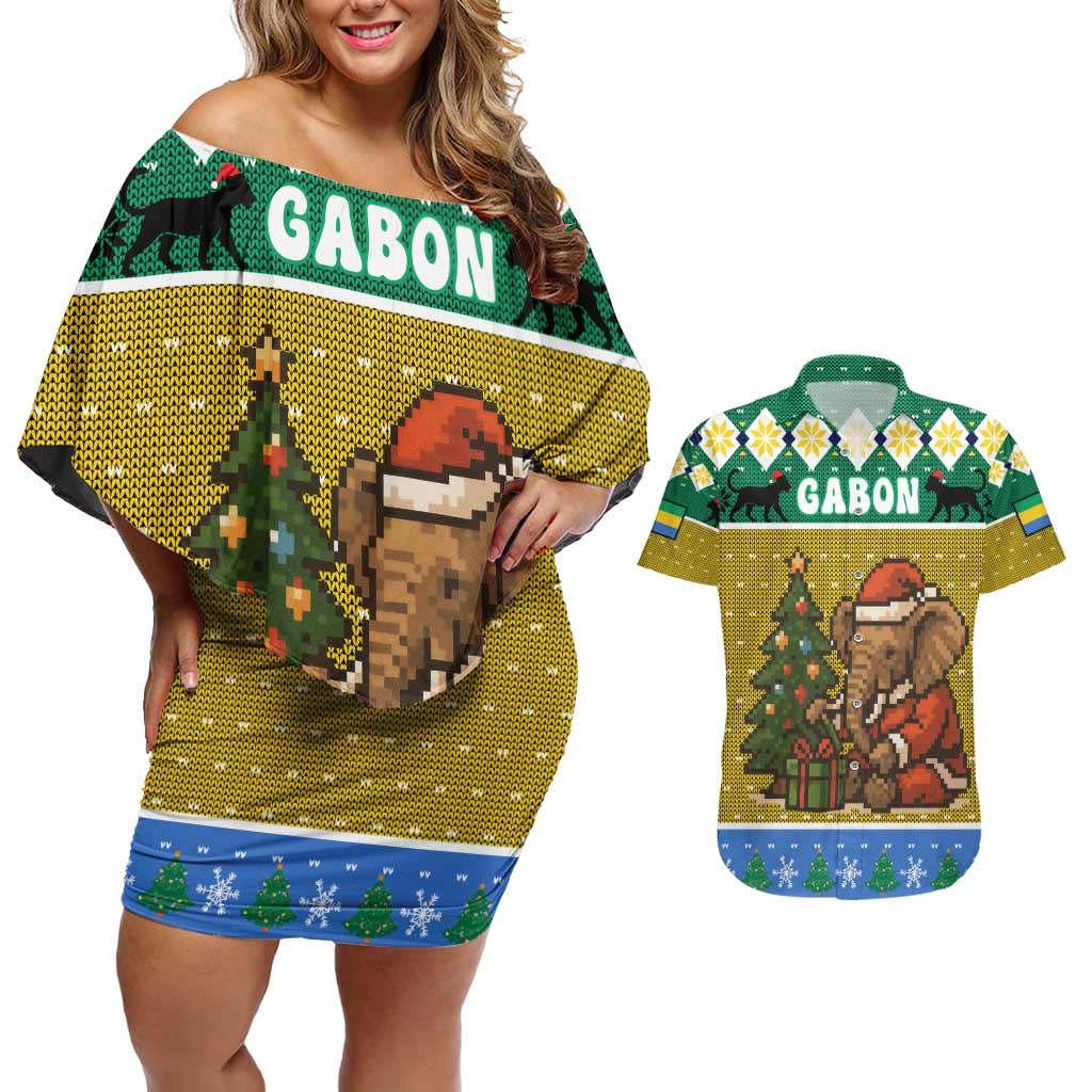 Gabon Christmas Couples Matching Off Shoulder Short Dress and Hawaiian Shirt with Pixel Art Elephant Santa Christmas Tree and Flag Colors Pattern - Wonder Print Shop